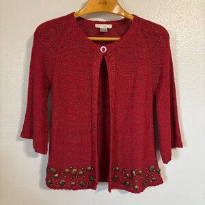 WDNY Red Knit Embellished‎ Cardigan Sweater Women’s Small Beaded Hem 3/4 Sleeve